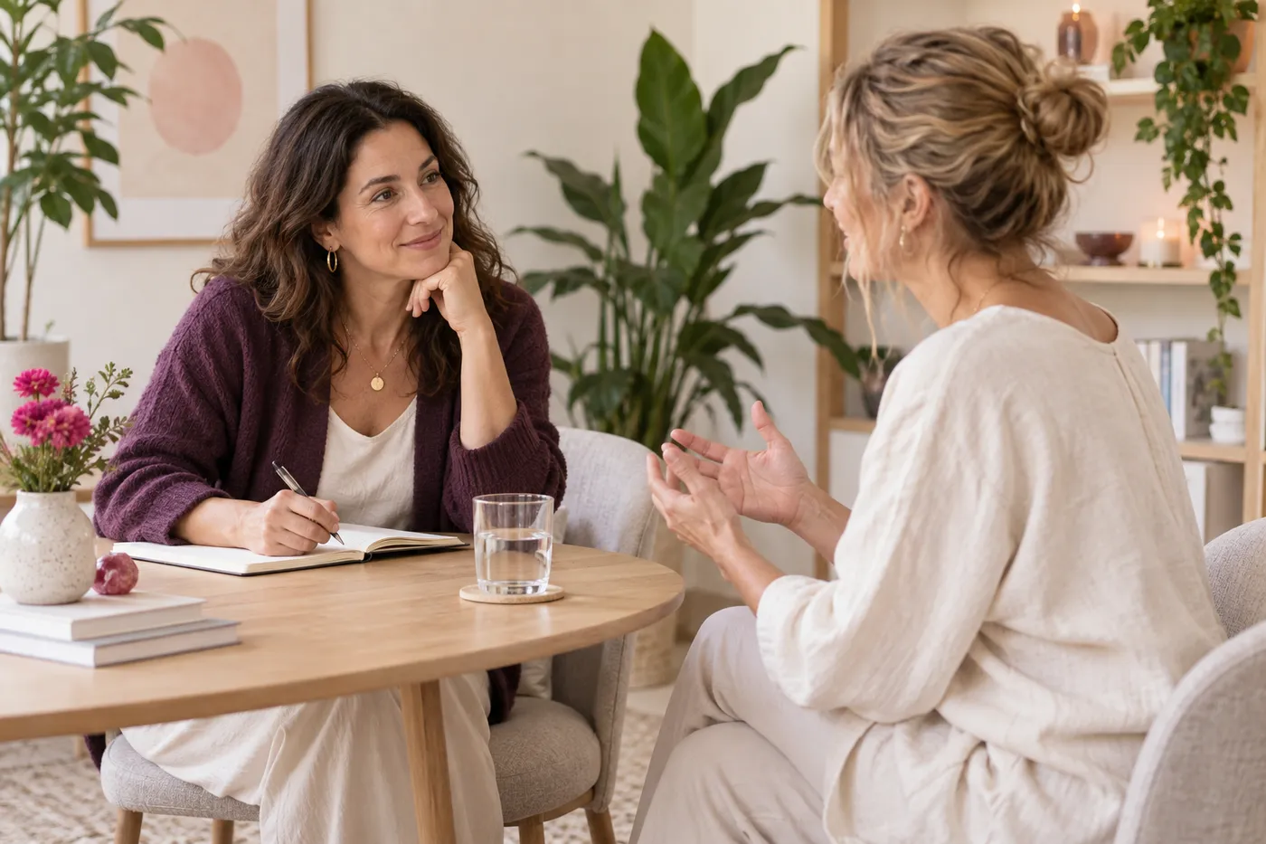Deux femmes assises à une table ronde dans un studio calme : l'une écoute et prend des notes, l'autre parle avec les mains