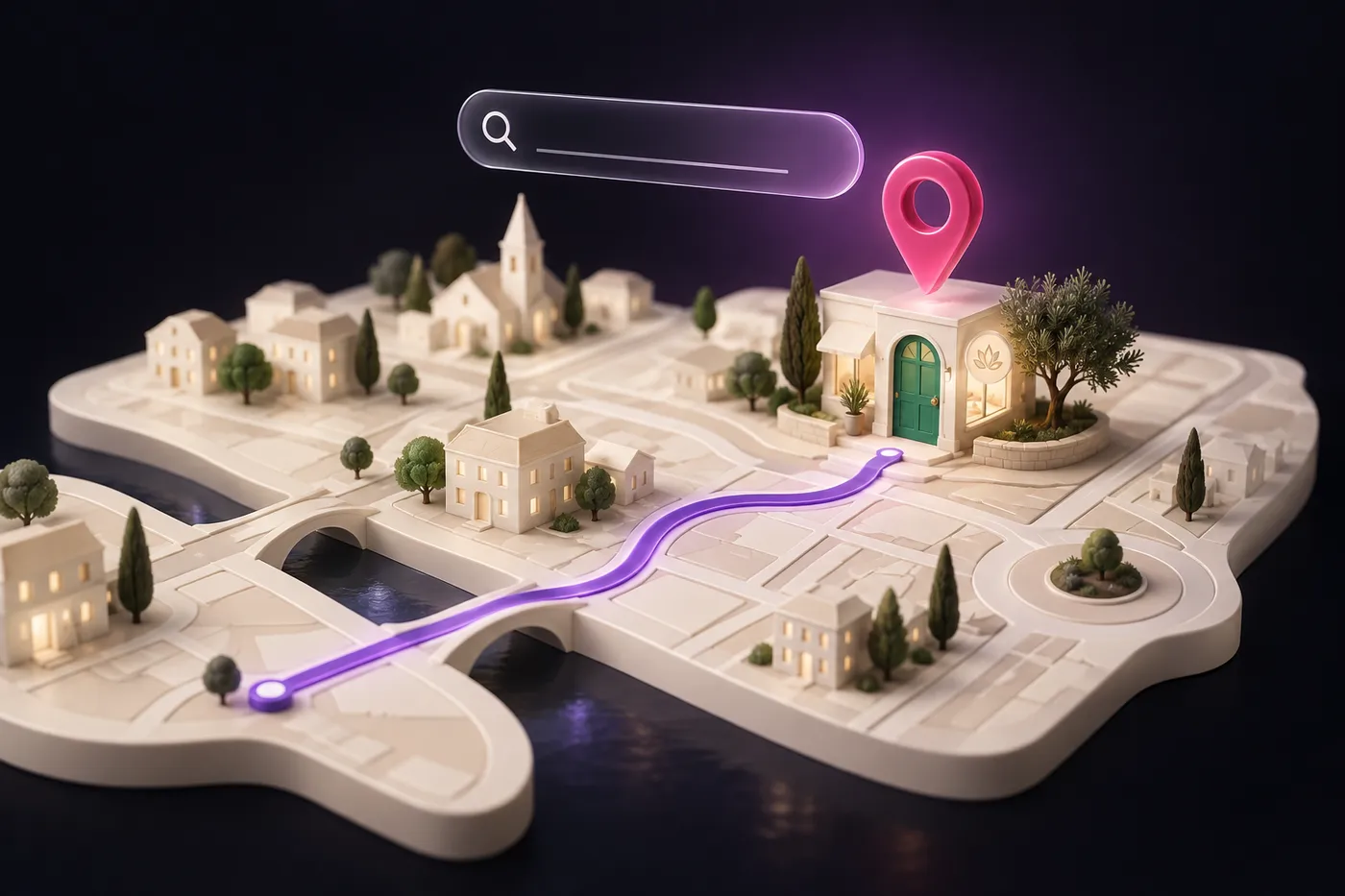 Carte isométrique d'un village la nuit : une épingle rose marque un cabinet à la porte verte, une barre de recherche flotte au-dessus et un chemin lumineux y mène